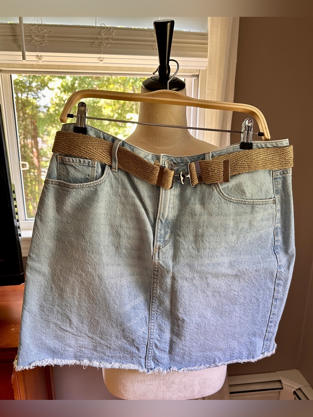 LOFT Light Blue Denim A-Line Skirt with Tan Woven Belt